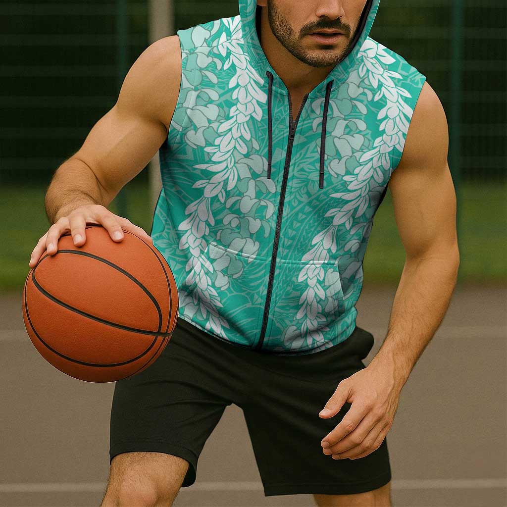 Puakenikeni and Maile Lei Sleeveless Zip Hoodie Sage Green Double Strand Lei LT9 - Polynesian Pride