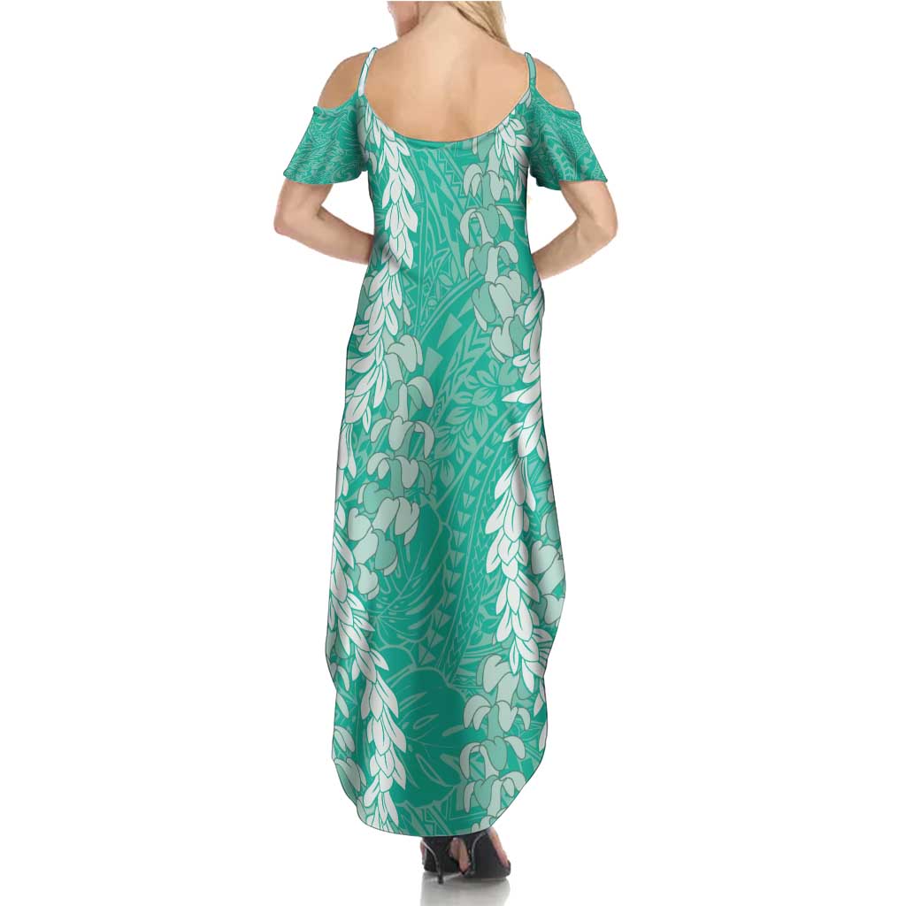 Puakenikeni and Maile Lei Summer Maxi Dress Sage Green Double Strand Lei