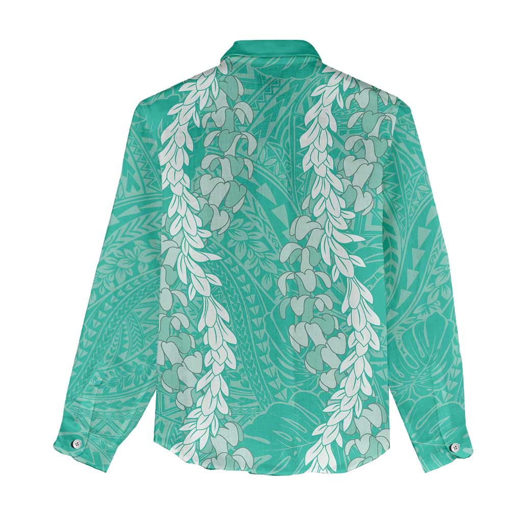 Puakenikeni and Maile Lei Women Casual Shirt Sage Green Double Strand Lei LT9 - Polynesian Pride