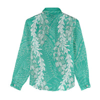 Puakenikeni and Maile Lei Women Casual Shirt Sage Green Double Strand Lei LT9 - Polynesian Pride