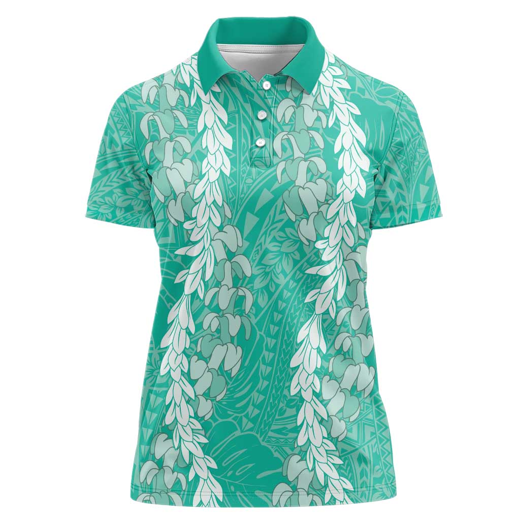 Puakenikeni and Maile Lei Women Polo Shirt Sage Green Double Strand Lei LT9 Female Sage Green - Polynesian Pride