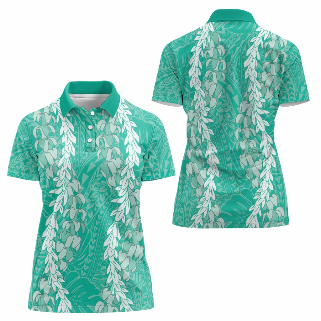 Puakenikeni and Maile Lei Women Polo Shirt Sage Green Double Strand Lei LT9 - Polynesian Pride