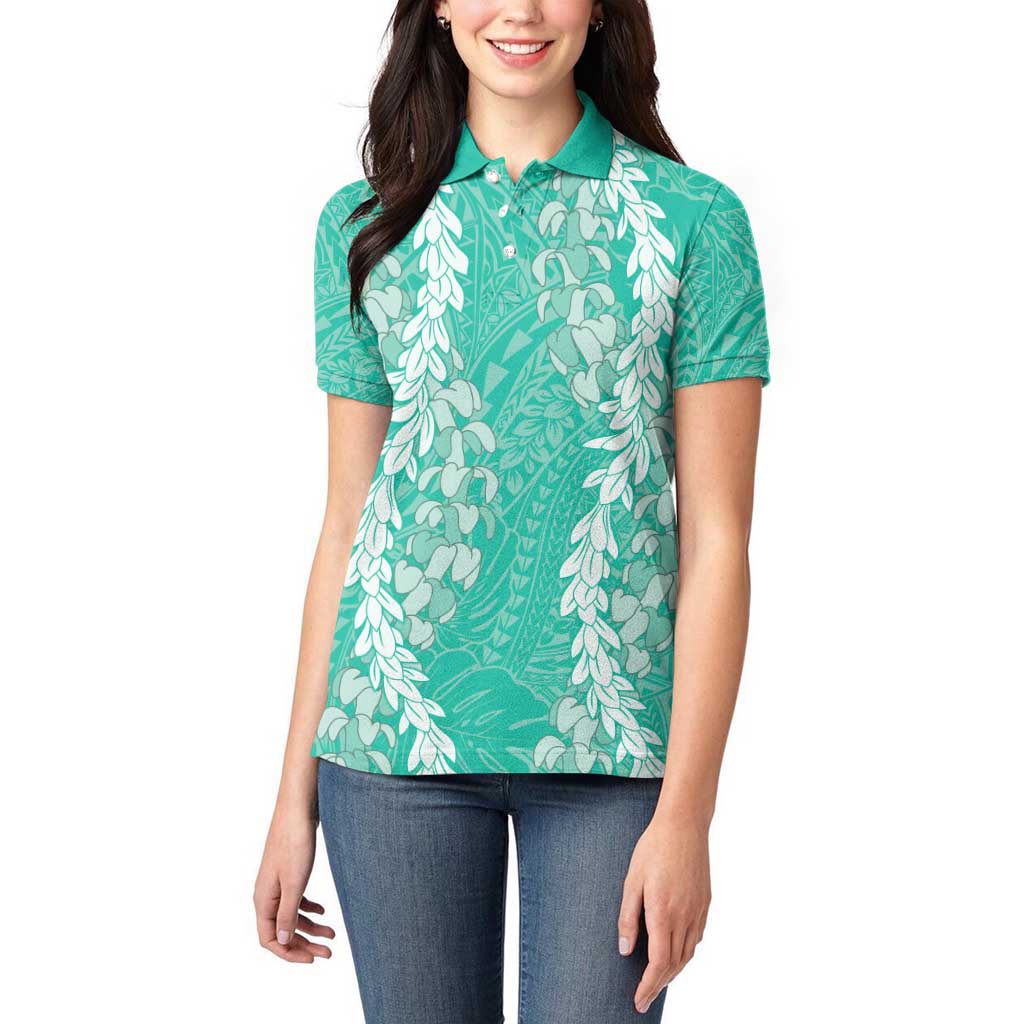 Puakenikeni and Maile Lei Women Polo Shirt Sage Green Double Strand Lei LT9 - Polynesian Pride
