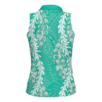 Puakenikeni and Maile Lei Women Sleeveless Polo Shirt Sage Green Double Strand Lei LT9 - Polynesian Pride