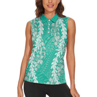 Puakenikeni and Maile Lei Women Sleeveless Polo Shirt Sage Green Double Strand Lei LT9 - Polynesian Pride