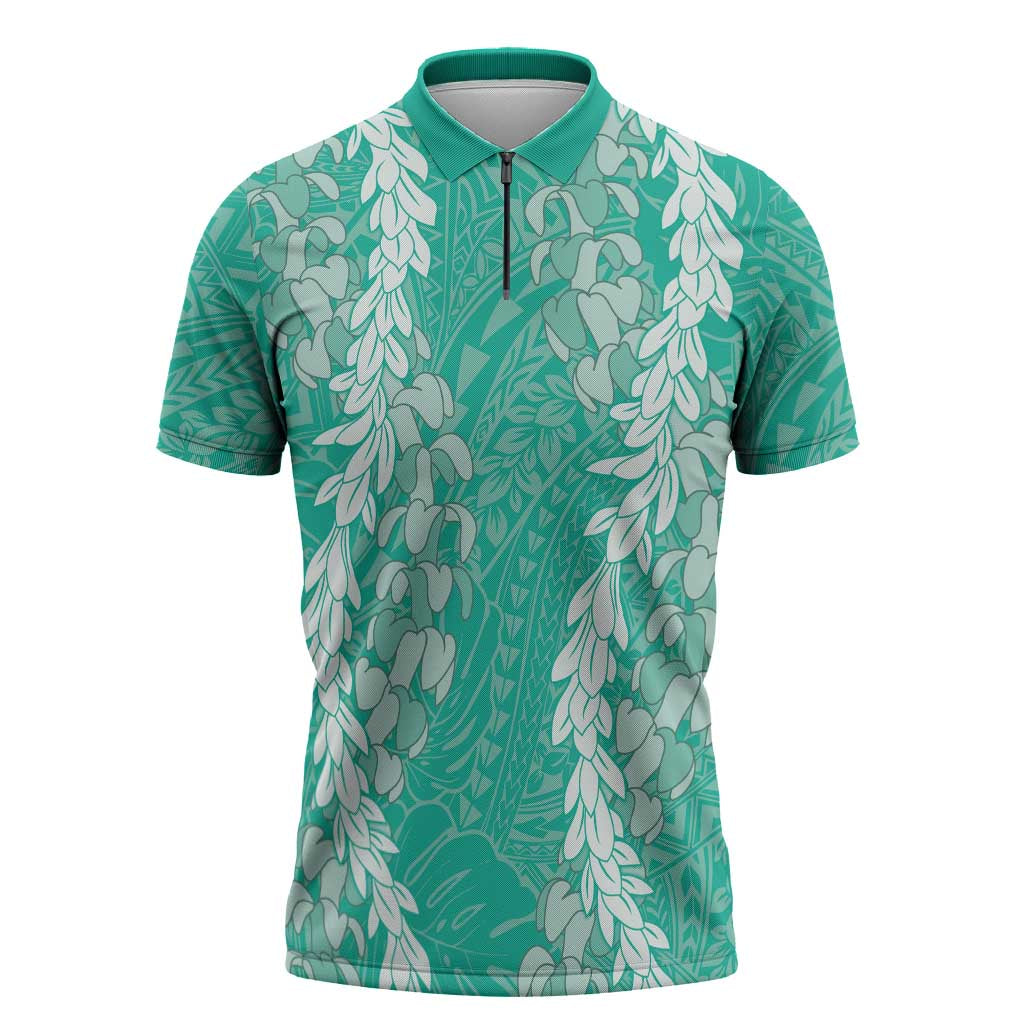 Puakenikeni and Maile Lei Zipper Polo Shirt Sage Green Double Strand Lei LT9 Sage Green - Polynesian Pride