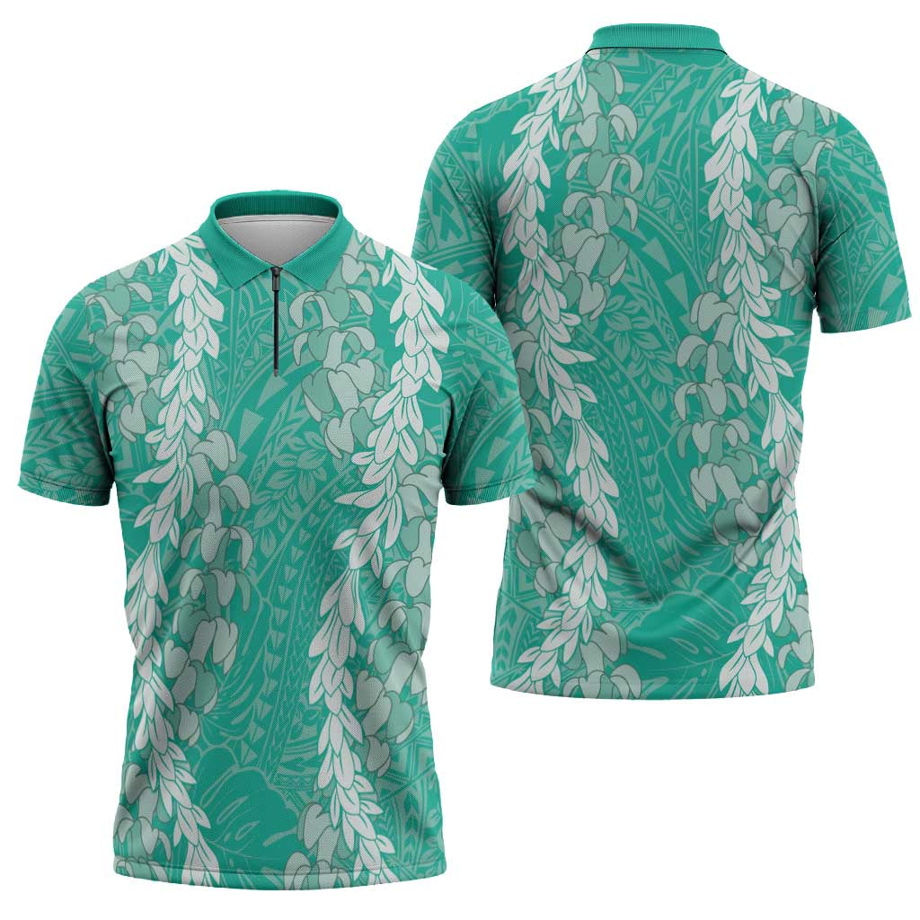 Puakenikeni and Maile Lei Zipper Polo Shirt Sage Green Double Strand Lei LT9 - Polynesian Pride