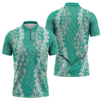 Puakenikeni and Maile Lei Zipper Polo Shirt Sage Green Double Strand Lei LT9 - Polynesian Pride