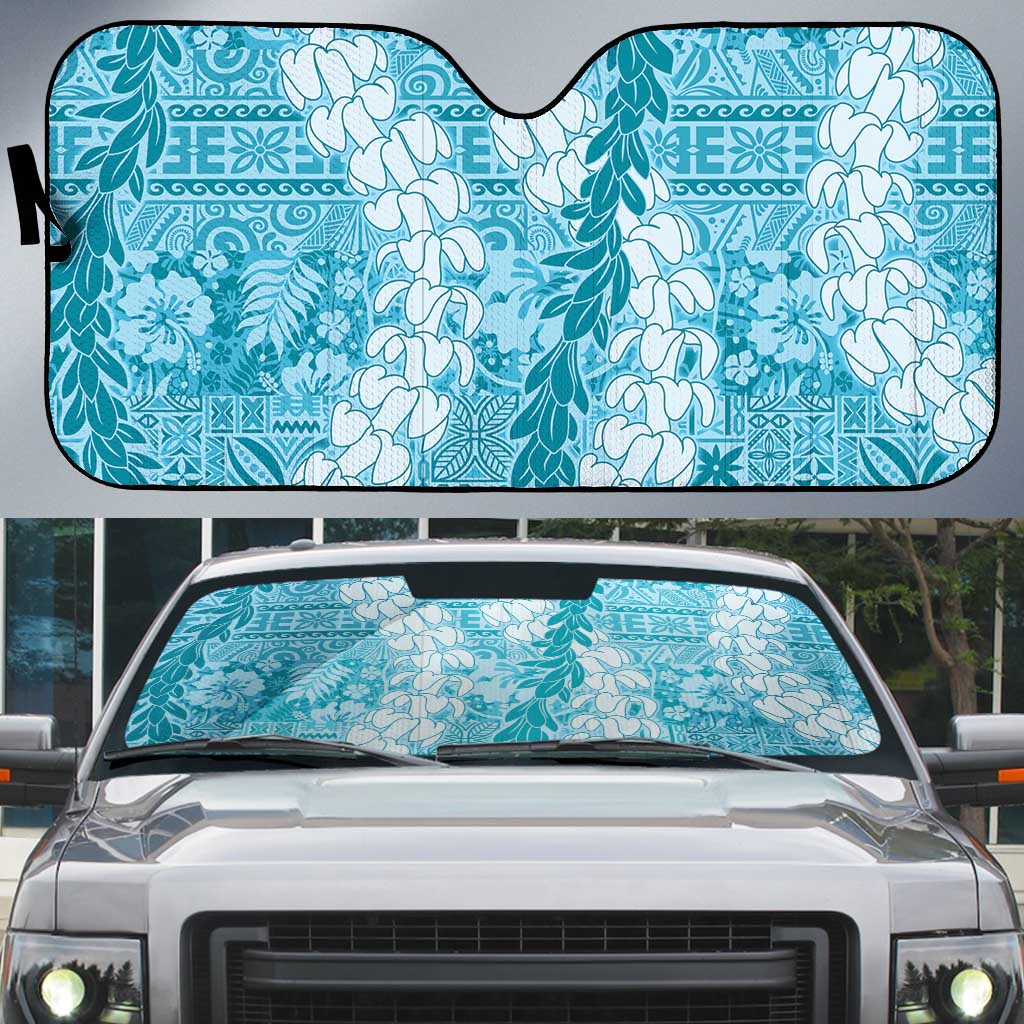 Blue Puakenikeni and Maile Lei Auto Sun Shade Hawaiian Style Tribal Tapa Double Strand Lei LT9 Blue - Polynesian Pride