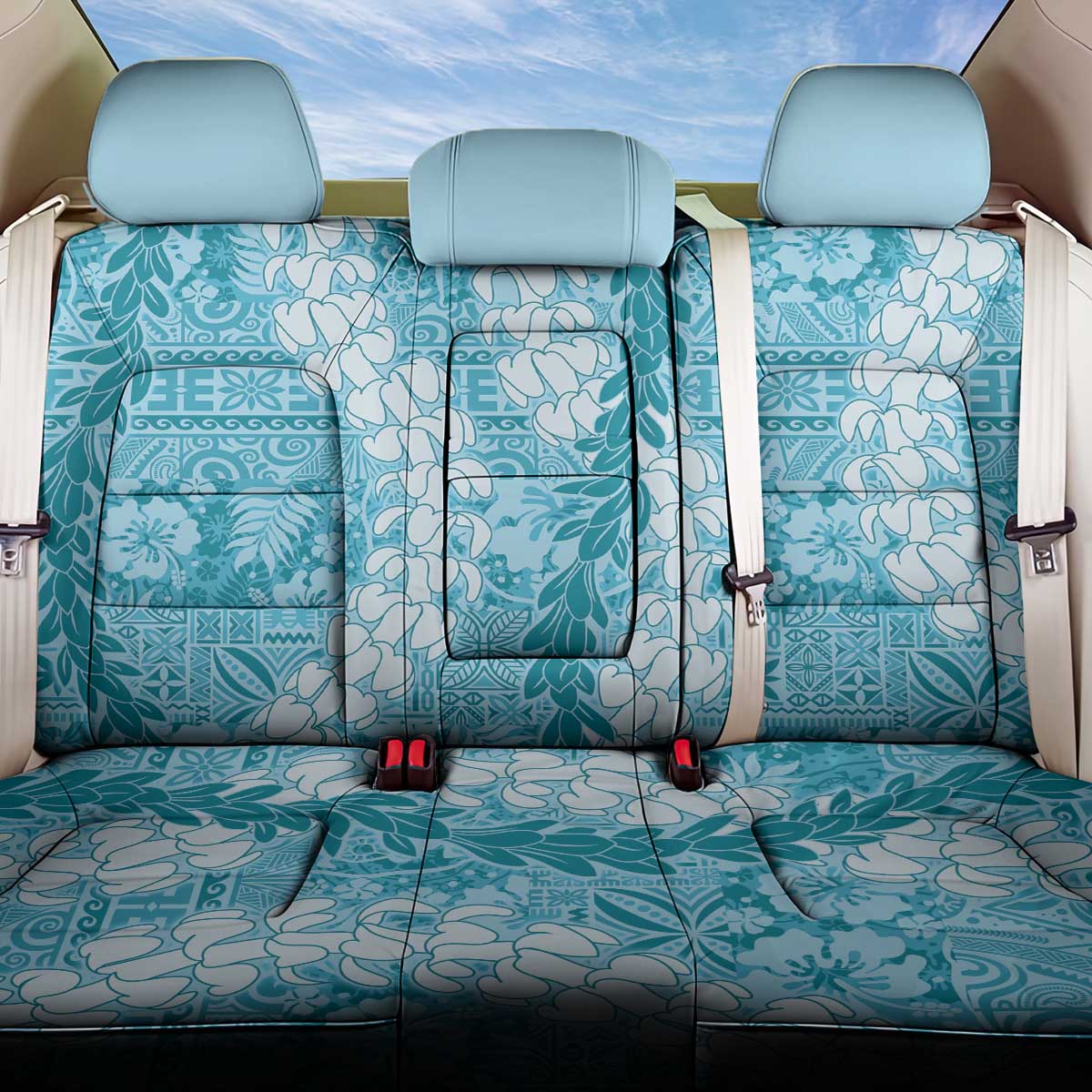 Blue Puakenikeni and Maile Lei Back Car Seat Cover Hawaiian Style Tribal Tapa Double Strand Lei LT9 One Size Blue - Polynesian Pride