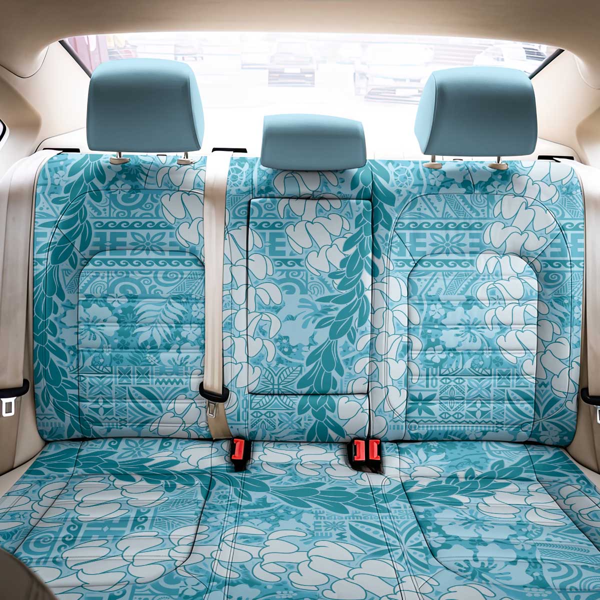 Blue Puakenikeni and Maile Lei Back Car Seat Cover Hawaiian Style Tribal Tapa Double Strand Lei LT9 - Polynesian Pride