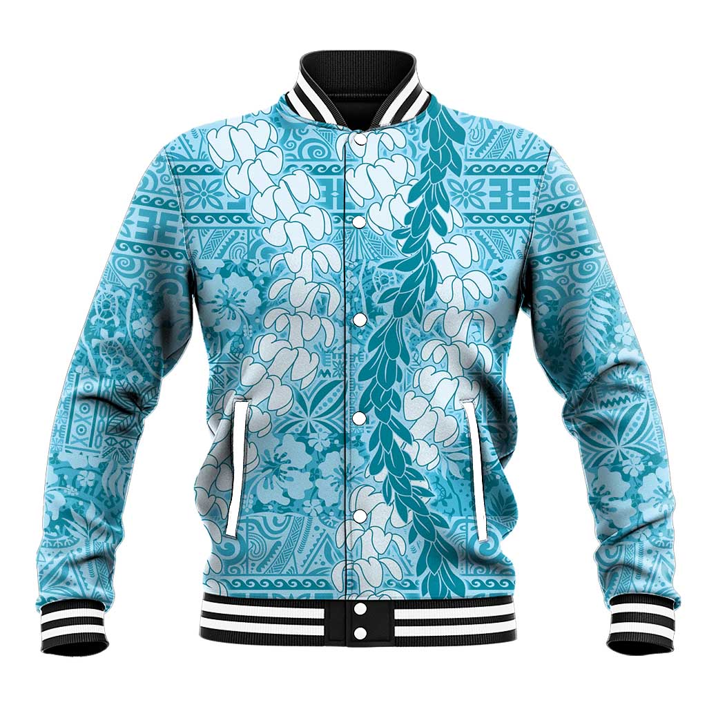 Blue Puakenikeni and Maile Lei Baseball Jacket Hawaiian Style Tribal Tapa Double Strand Lei LT9 Unisex Blue - Polynesian Pride