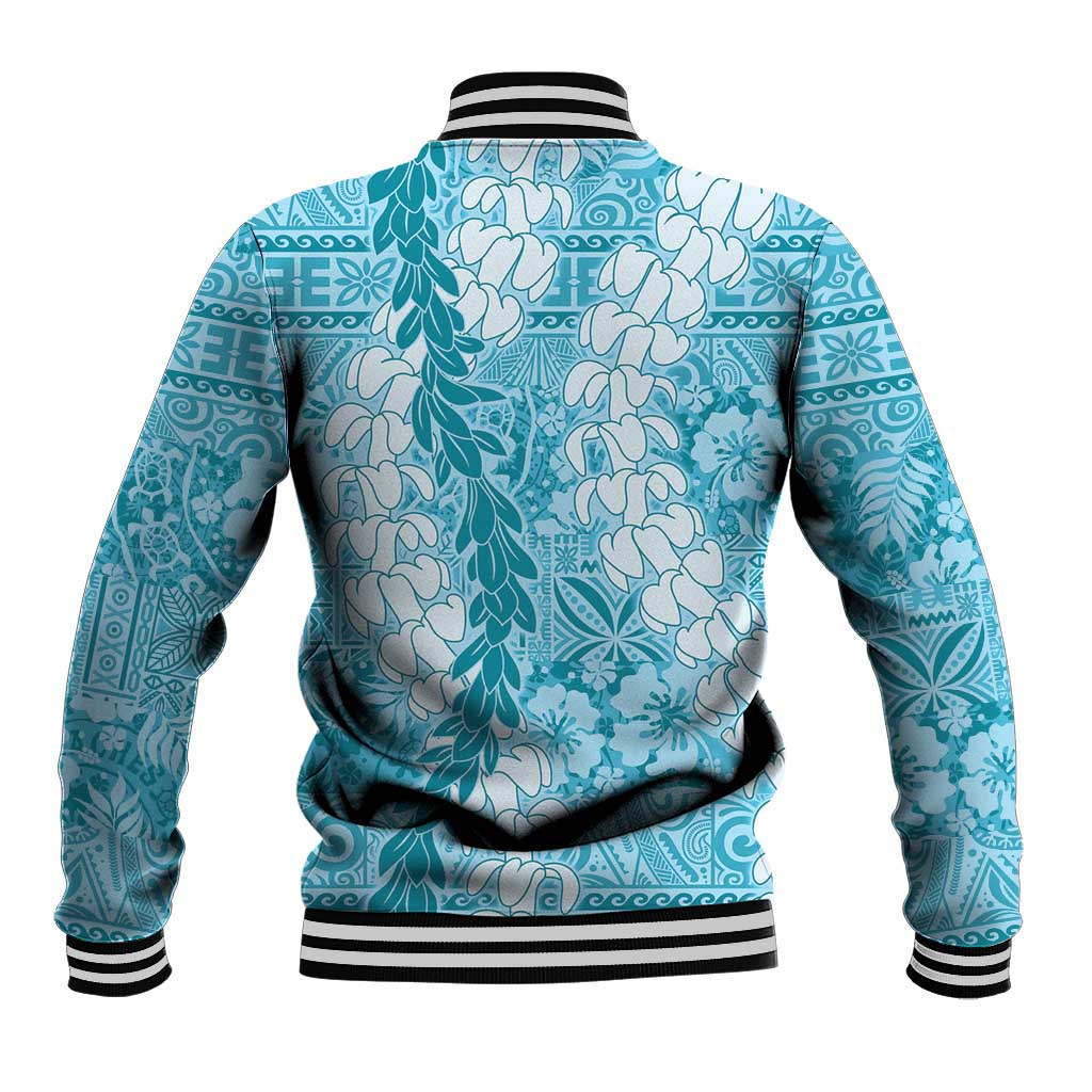 Blue Puakenikeni and Maile Lei Baseball Jacket Hawaiian Style Tribal Tapa Double Strand Lei LT9 - Polynesian Pride