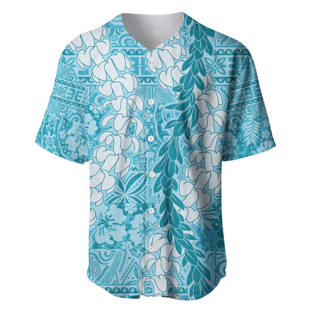 Blue Puakenikeni and Maile Lei Baseball Jersey Hawaiian Style Tribal Tapa Double Strand Lei LT9 Blue - Polynesian Pride