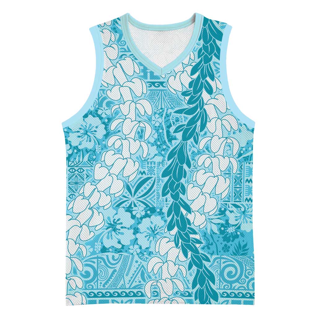 Blue Puakenikeni and Maile Lei Basketball Jersey Hawaiian Style Tribal Tapa Double Strand Lei LT9 Unisex Blue - Polynesian Pride