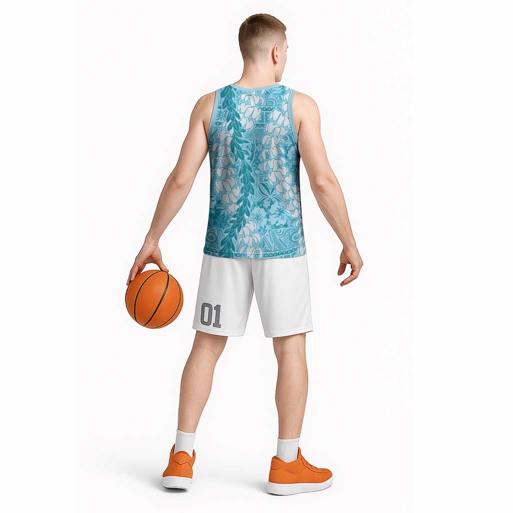 Blue Puakenikeni and Maile Lei Basketball Jersey Hawaiian Style Tribal Tapa Double Strand Lei LT9 - Polynesian Pride