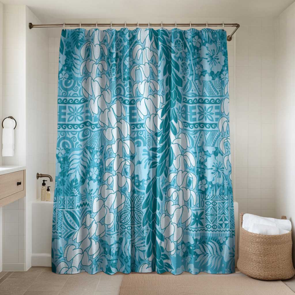 Blue Puakenikeni and Maile Lei Bathroom Set Hawaiian Style Tribal Tapa Double Strand Lei LT9 Shower Curtain Only Blue - Polynesian Pride