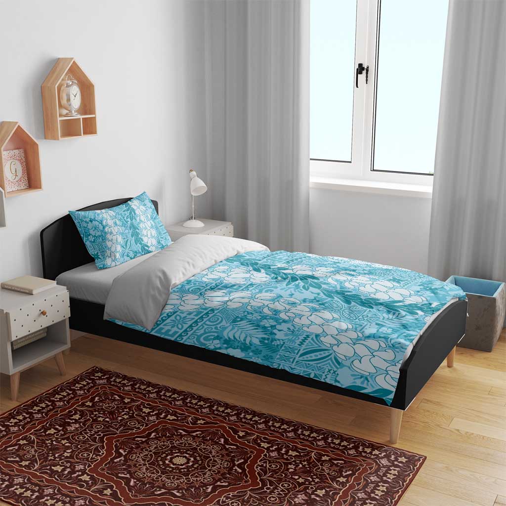 Blue Puakenikeni and Maile Lei Bedding Set Hawaiian Style Tribal Tapa Double Strand Lei