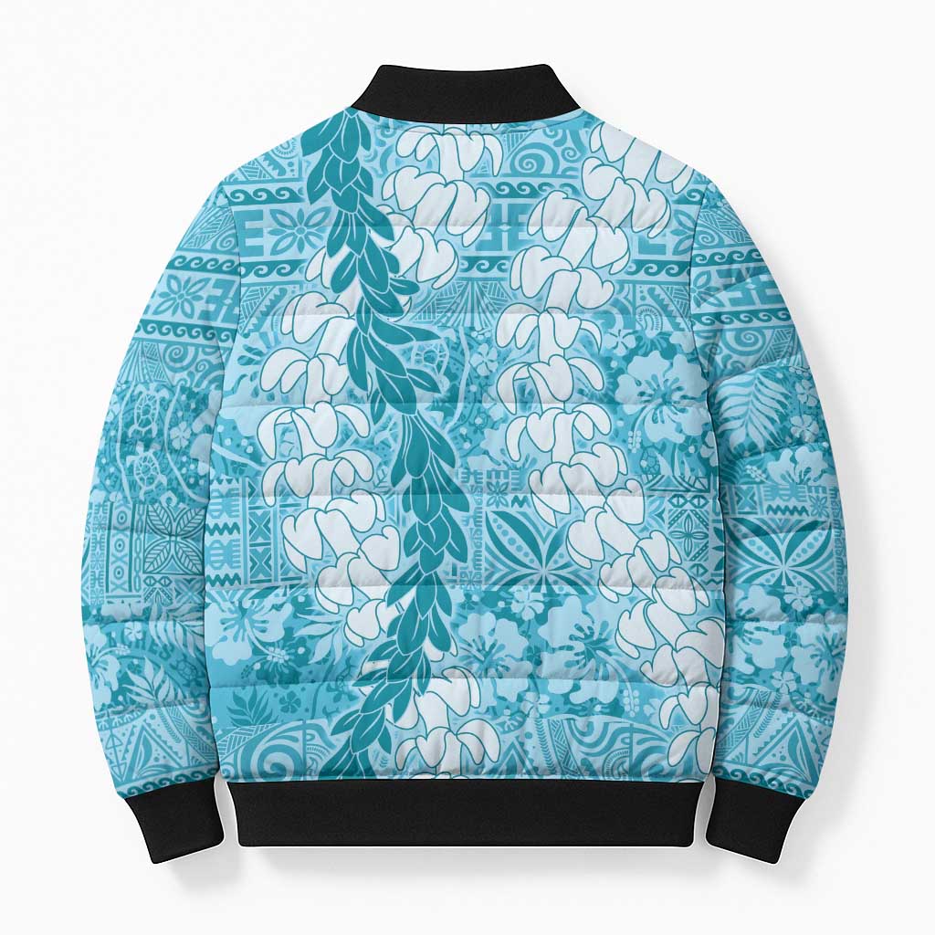 Blue Puakenikeni and Maile Lei Bomber Puffer Jacket Hawaiian Style Tribal Tapa Double Strand Lei LT9 - Polynesian Pride