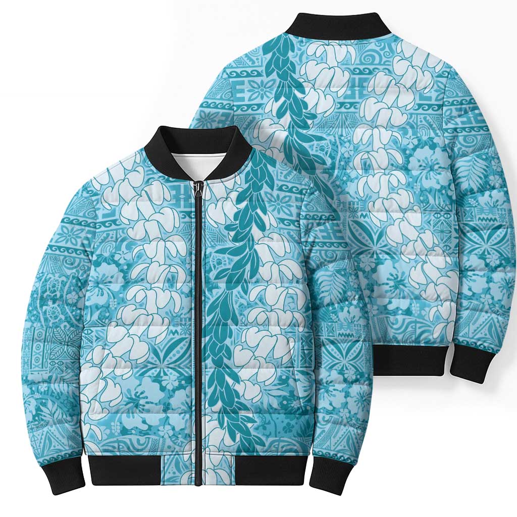 Blue Puakenikeni and Maile Lei Bomber Puffer Jacket Hawaiian Style Tribal Tapa Double Strand Lei LT9 - Polynesian Pride