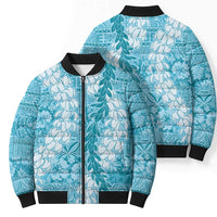 Blue Puakenikeni and Maile Lei Bomber Puffer Jacket Hawaiian Style Tribal Tapa Double Strand Lei LT9 - Polynesian Pride