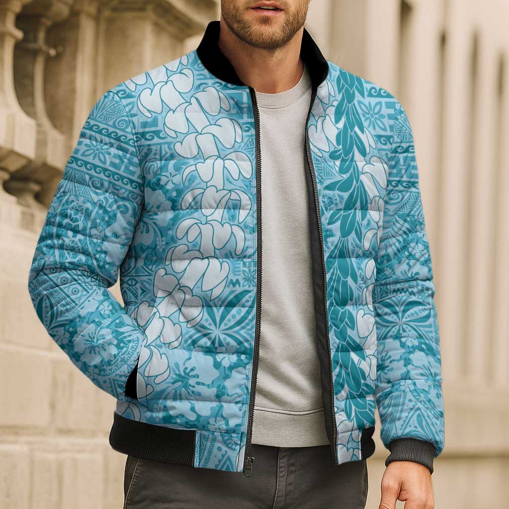 Blue Puakenikeni and Maile Lei Bomber Puffer Jacket Hawaiian Style Tribal Tapa Double Strand Lei LT9 - Polynesian Pride