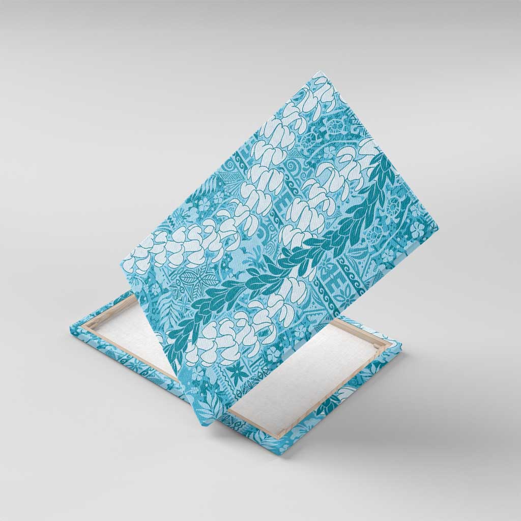 Blue Puakenikeni and Maile Lei Canvas Wall Art Hawaiian Style Tribal Tapa Double Strand Lei LT9 With Frame Blue - Polynesian Pride