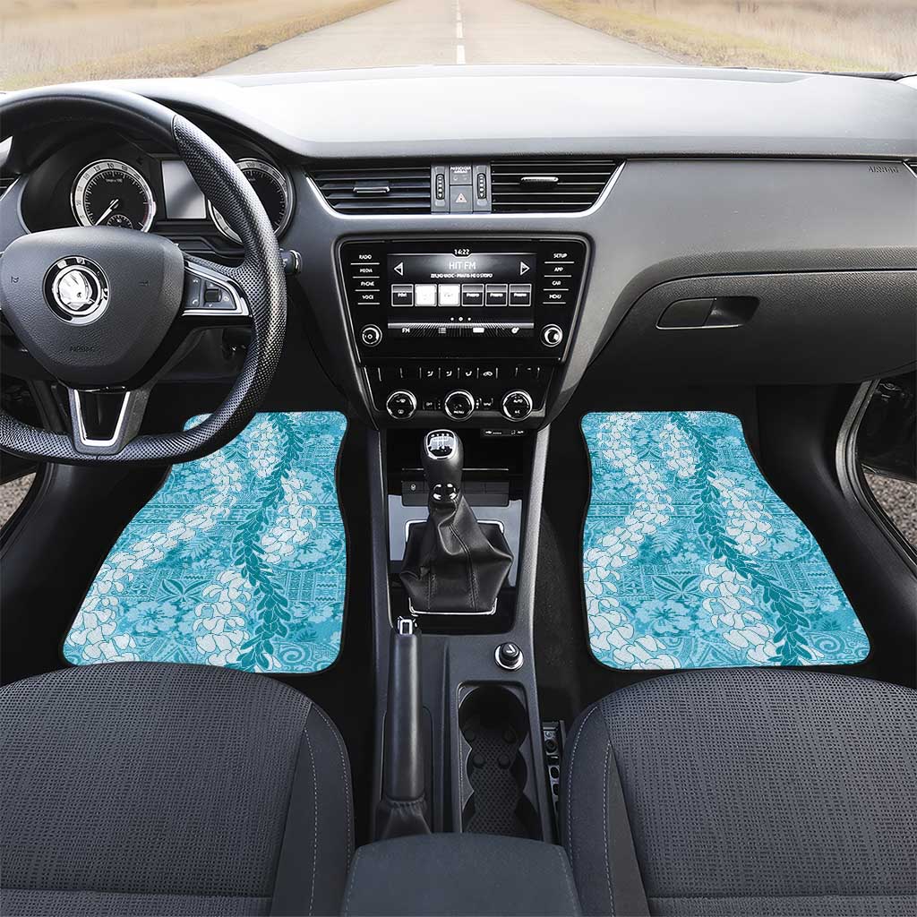 Blue Puakenikeni and Maile Lei Car Mats Hawaiian Style Tribal Tapa Double Strand Lei LT9 Set 2pcs - Front Blue - Polynesian Pride