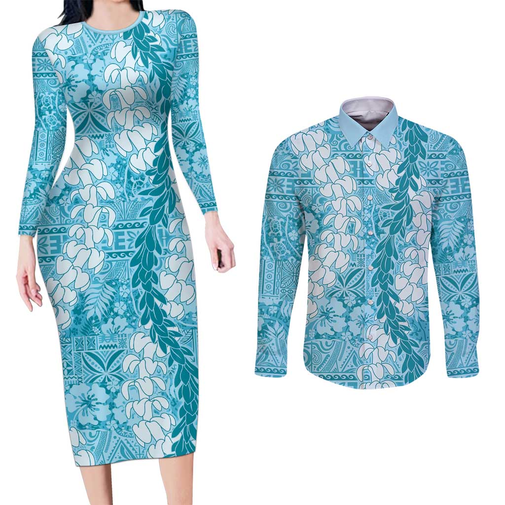 Blue Puakenikeni and Maile Lei Couples Matching Long Sleeve Bodycon Dress and Long Sleeve Button Shirt Hawaiian Style Tribal Tapa Double Strand Lei
