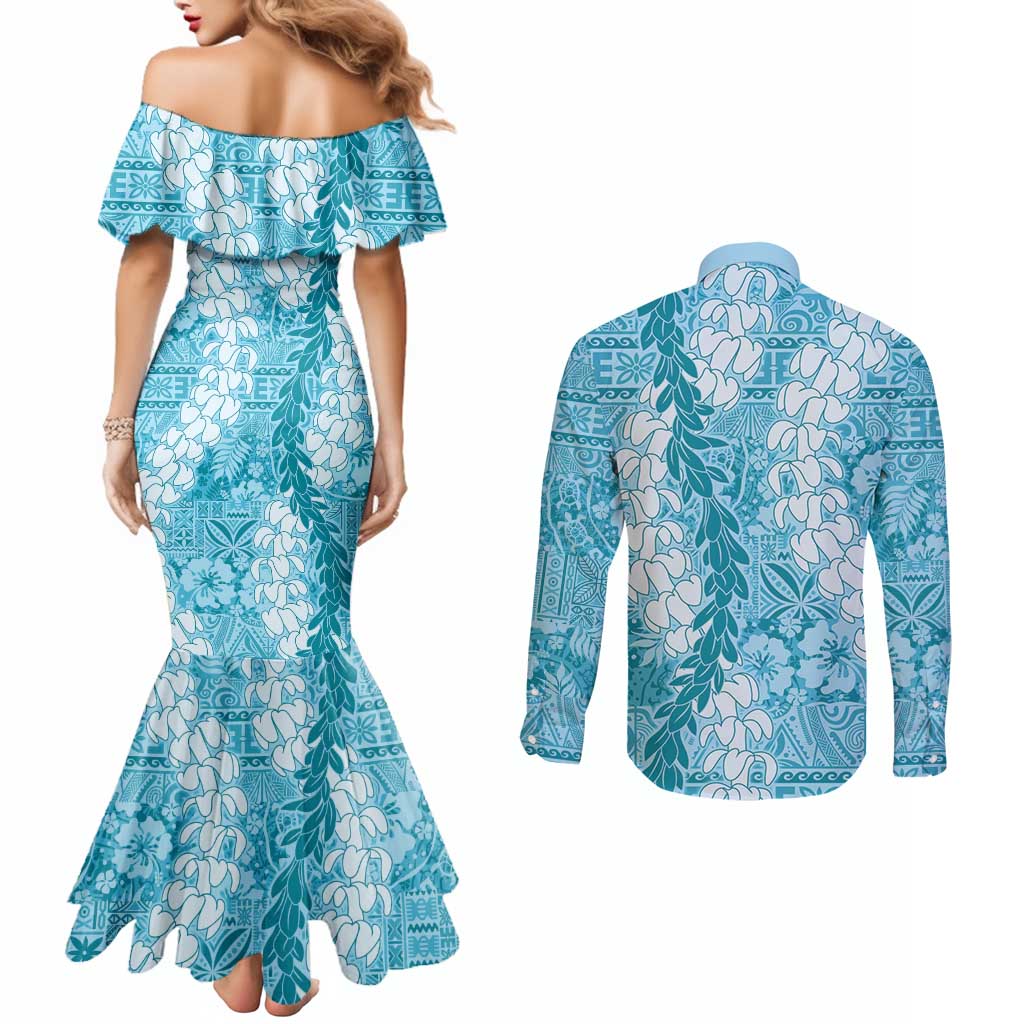 Blue Puakenikeni and Maile Lei Couples Matching Mermaid Dress and Long Sleeve Button Shirt Hawaiian Style Tribal Tapa Double Strand Lei LT9 - Polynesian Pride