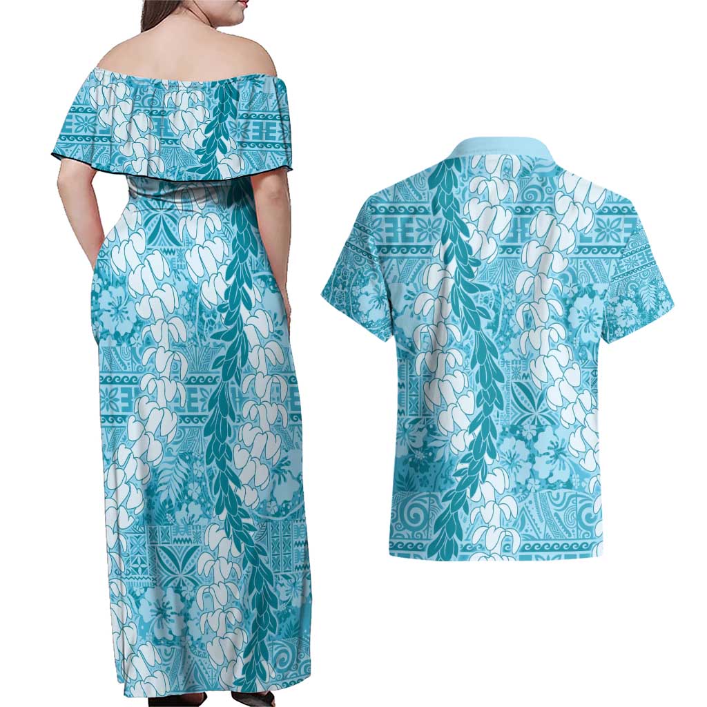 Blue Puakenikeni and Maile Lei Couples Matching Off Shoulder Maxi Dress and Hawaiian Shirt Hawaiian Style Tribal Tapa Double Strand Lei LT9 - Polynesian Pride