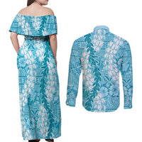 Blue Puakenikeni and Maile Lei Couples Matching Off Shoulder Maxi Dress and Long Sleeve Button Shirt Hawaiian Style Tribal Tapa Double Strand Lei LT9 - Polynesian Pride