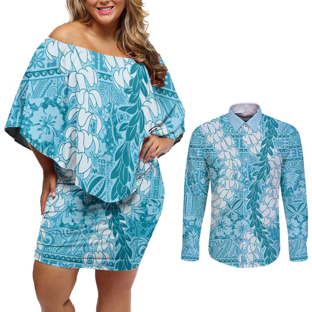 Blue Puakenikeni and Maile Lei Couples Matching Off Shoulder Short Dress and Long Sleeve Button Shirt Hawaiian Style Tribal Tapa Double Strand Lei LT9 Blue - Polynesian Pride