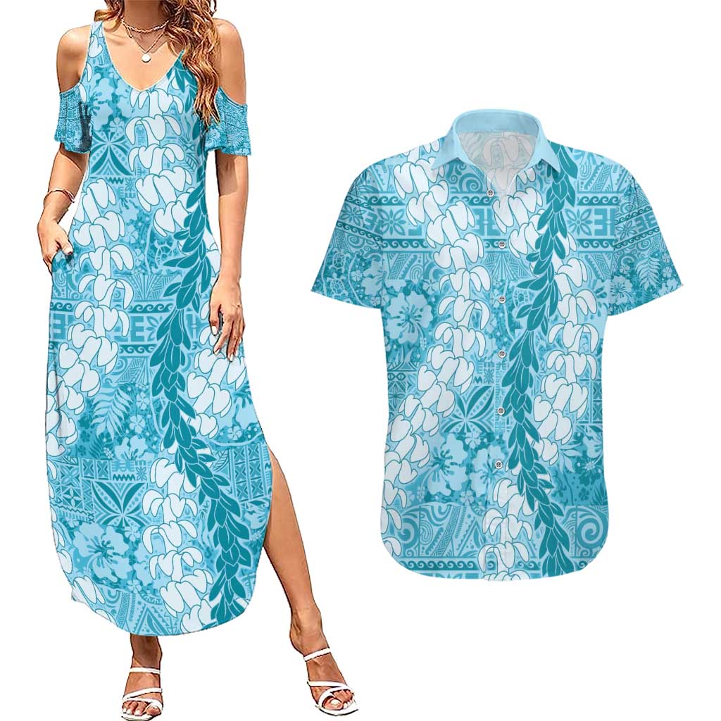 Blue Puakenikeni and Maile Lei Couples Matching Summer Maxi Dress and Hawaiian Shirt Hawaiian Style Tribal Tapa Double Strand Lei LT9 Blue - Polynesian Pride