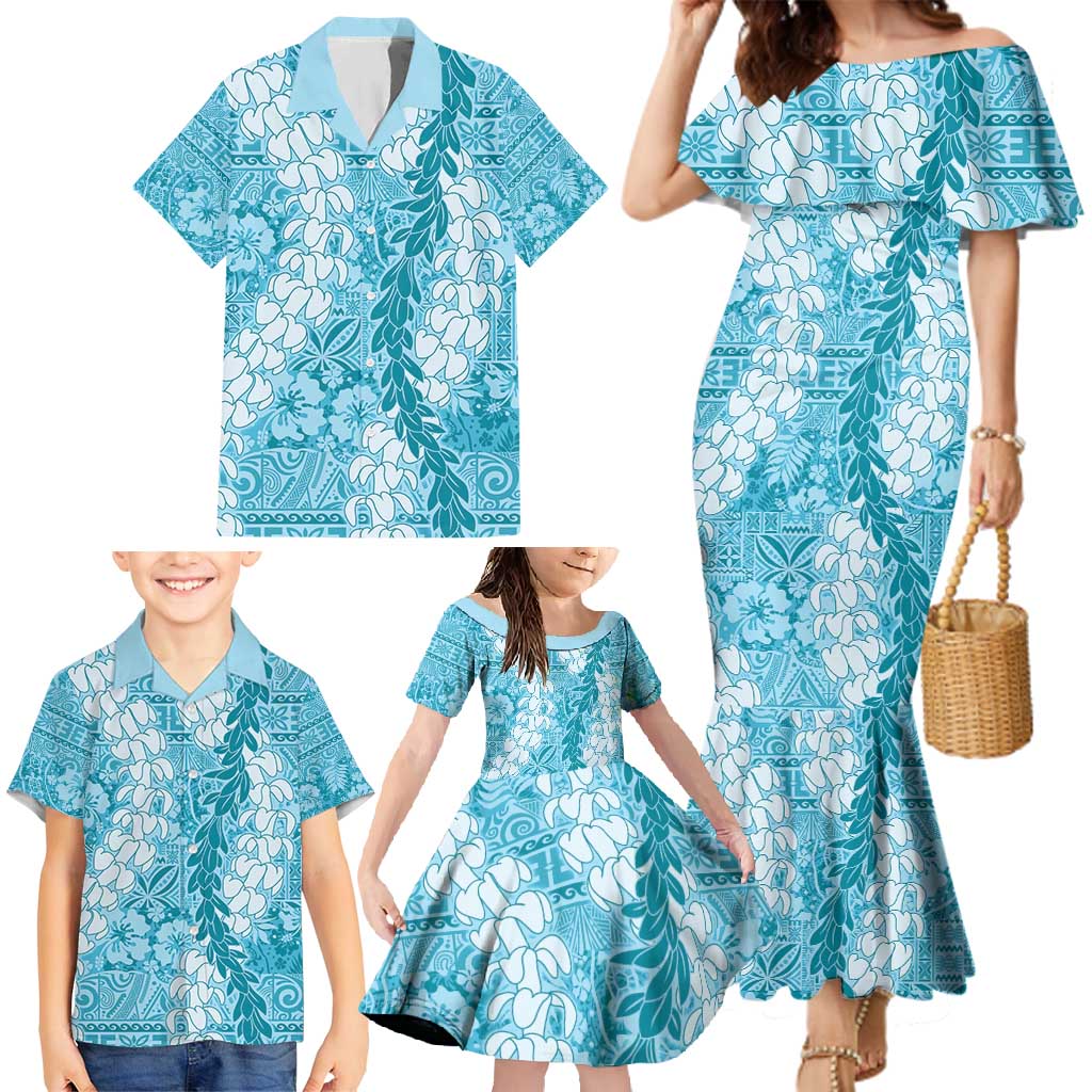 Blue Puakenikeni and Maile Lei Family Matching Mermaid Dress and Hawaiian Shirt Hawaiian Style Tribal Tapa Double Strand Lei