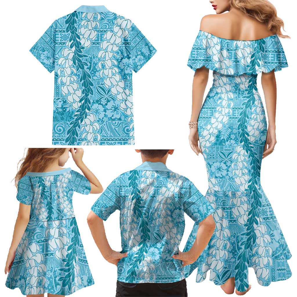 Blue Puakenikeni and Maile Lei Family Matching Mermaid Dress and Hawaiian Shirt Hawaiian Style Tribal Tapa Double Strand Lei LT9 - Polynesian Pride