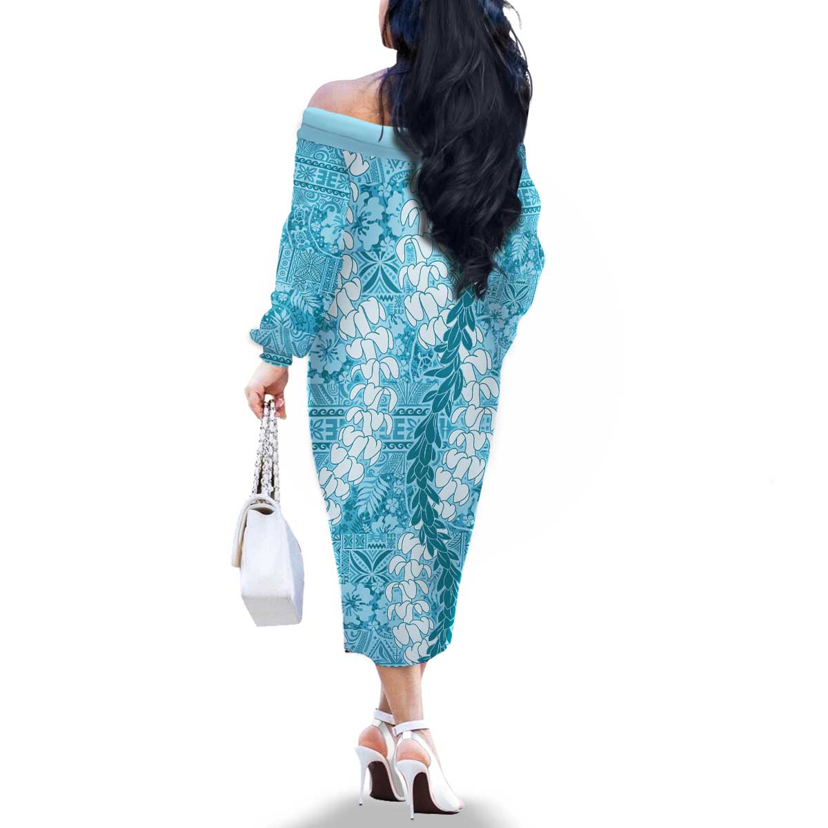 Blue Puakenikeni and Maile Lei Family Matching Off The Shoulder Long Sleeve Dress and Hawaiian Shirt Hawaiian Style Tribal Tapa Double Strand Lei LT9 - Polynesian Pride