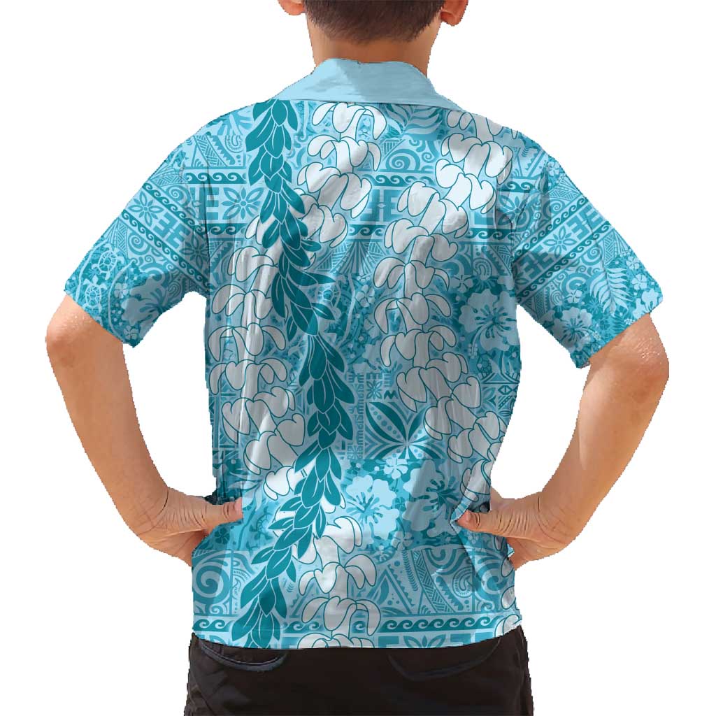 Blue Puakenikeni and Maile Lei Family Matching Off Shoulder Maxi Dress and Hawaiian Shirt Hawaiian Style Tribal Tapa Double Strand Lei LT9 - Polynesian Pride