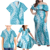 Blue Puakenikeni and Maile Lei Family Matching Off Shoulder Maxi Dress and Hawaiian Shirt Hawaiian Style Tribal Tapa Double Strand Lei LT9 - Polynesian Pride