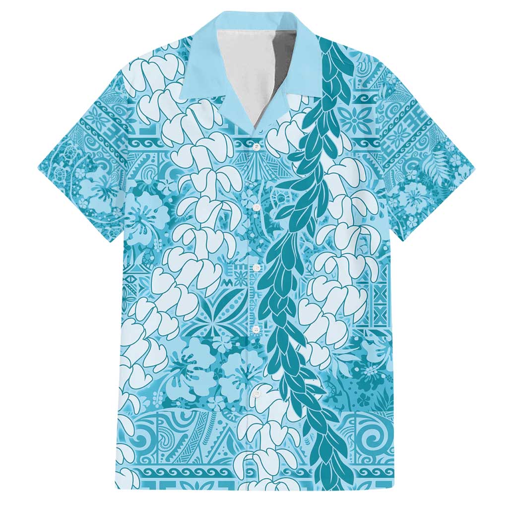 Blue Puakenikeni and Maile Lei Family Matching Off Shoulder Maxi Dress and Hawaiian Shirt Hawaiian Style Tribal Tapa Double Strand Lei LT9 Dad's Shirt - Short Sleeve Blue - Polynesian Pride