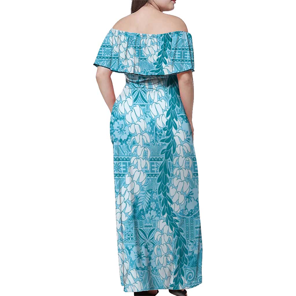 Blue Puakenikeni and Maile Lei Family Matching Off Shoulder Maxi Dress and Hawaiian Shirt Hawaiian Style Tribal Tapa Double Strand Lei LT9 - Polynesian Pride