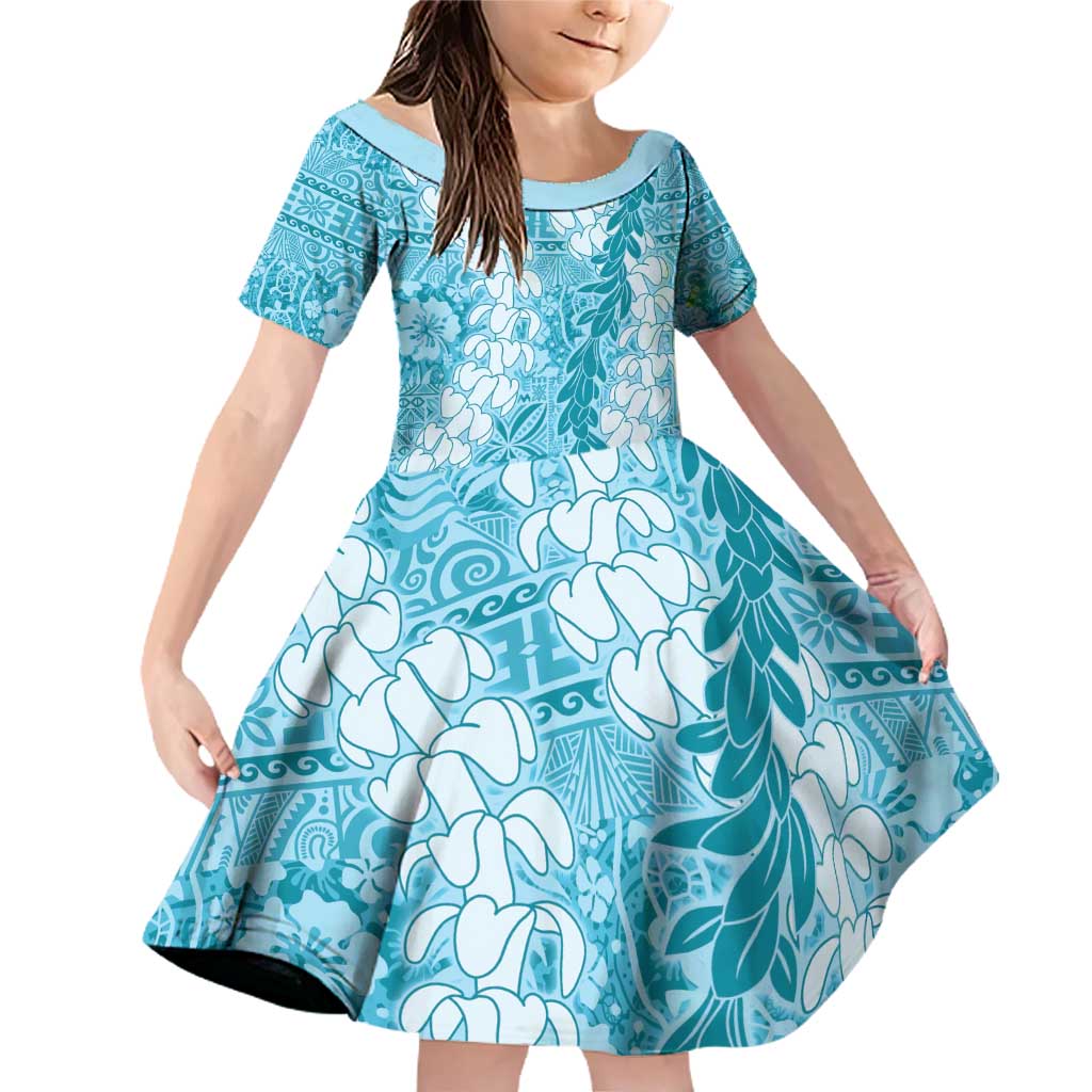 Blue Puakenikeni and Maile Lei Family Matching Off Shoulder Short Dress and Hawaiian Shirt Hawaiian Style Tribal Tapa Double Strand Lei LT9 Daughter's Dress Blue - Polynesian Pride