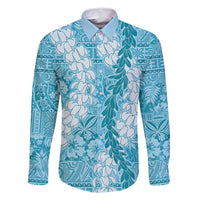 Blue Puakenikeni and Maile Lei Family Matching Off Shoulder Short Dress and Hawaiian Shirt Hawaiian Style Tribal Tapa Double Strand Lei LT9 Dad's Shirt - Long Sleeve Blue - Polynesian Pride