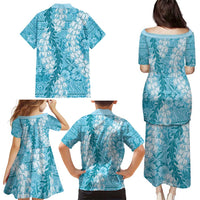 Blue Puakenikeni and Maile Lei Family Matching Puletasi and Hawaiian Shirt Hawaiian Style Tribal Tapa Double Strand Lei LT9 - Polynesian Pride