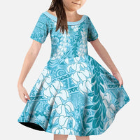 Blue Puakenikeni and Maile Lei Family Matching Summer Maxi Dress and Hawaiian Shirt Hawaiian Style Tribal Tapa Double Strand Lei LT9 Daughter's Dress Blue - Polynesian Pride