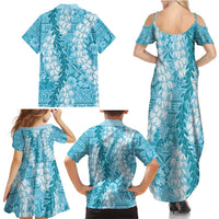 Blue Puakenikeni and Maile Lei Family Matching Summer Maxi Dress and Hawaiian Shirt Hawaiian Style Tribal Tapa Double Strand Lei LT9 - Polynesian Pride
