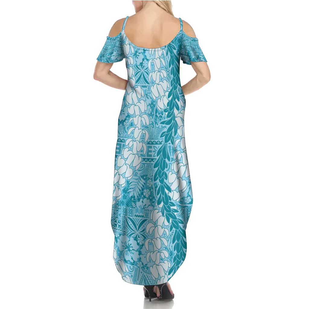 Blue Puakenikeni and Maile Lei Family Matching Summer Maxi Dress and Hawaiian Shirt Hawaiian Style Tribal Tapa Double Strand Lei LT9 - Polynesian Pride