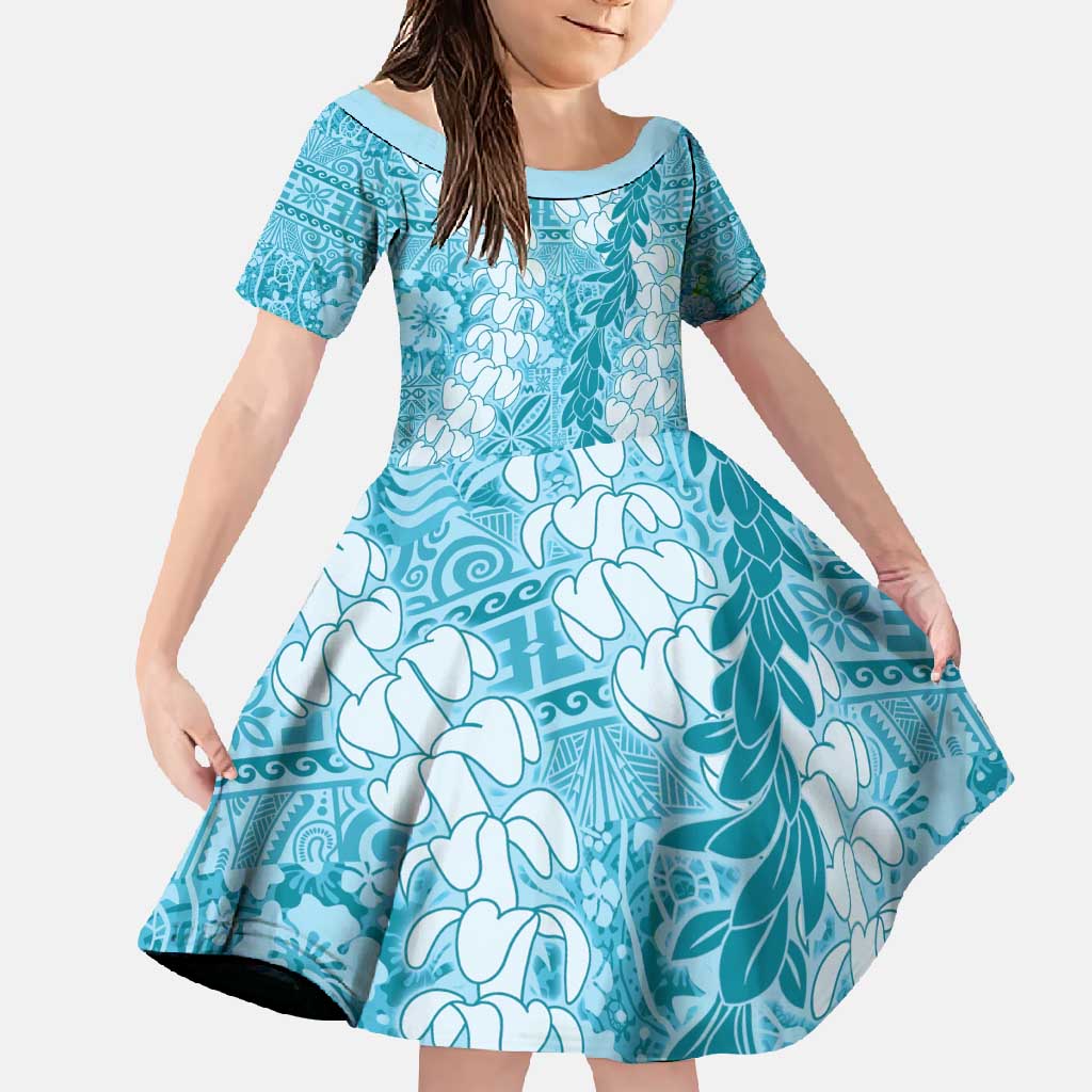 Blue Puakenikeni and Maile Lei Family Matching Tank Maxi Dress and Hawaiian Shirt Hawaiian Style Tribal Tapa Double Strand Lei LT9 Daughter's Dress Blue - Polynesian Pride