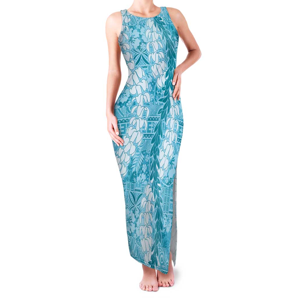 Blue Puakenikeni and Maile Lei Family Matching Tank Maxi Dress and Hawaiian Shirt Hawaiian Style Tribal Tapa Double Strand Lei LT9 Mom's Dress Blue - Polynesian Pride