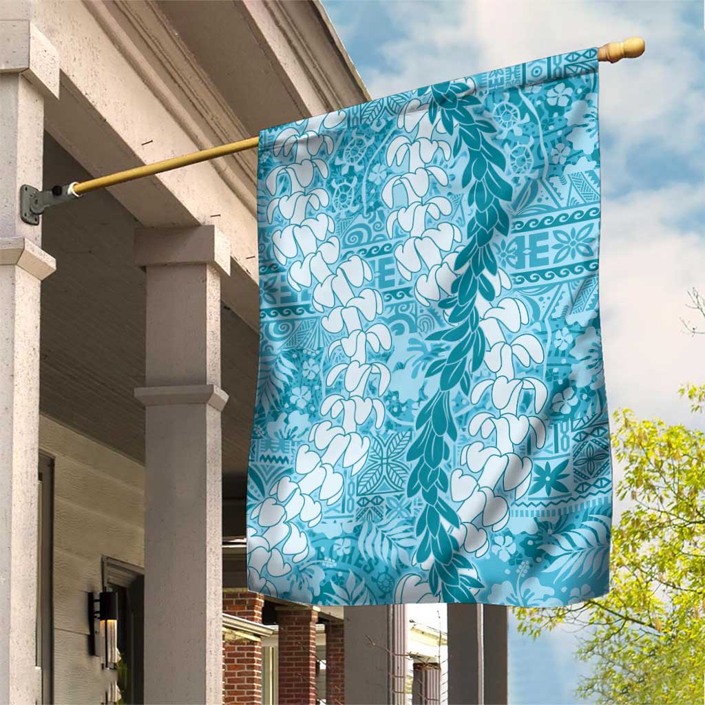 Blue Puakenikeni and Maile Lei Garden Flag Hawaiian Style Tribal Tapa Double Strand Lei LT9 House Flag Blue - Polynesian Pride
